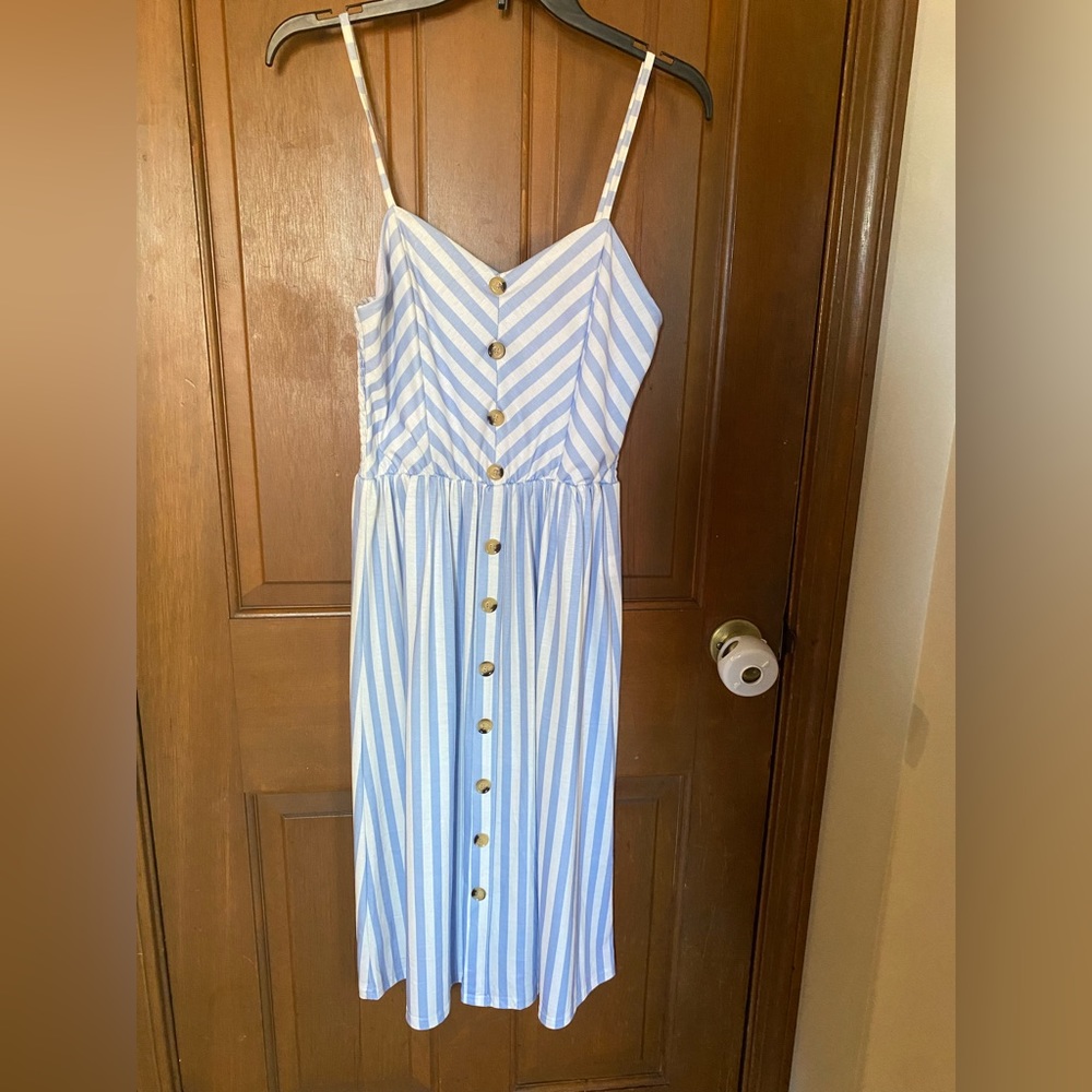 Blue and white stripe spaghetti strap dress. Size small. With tags.